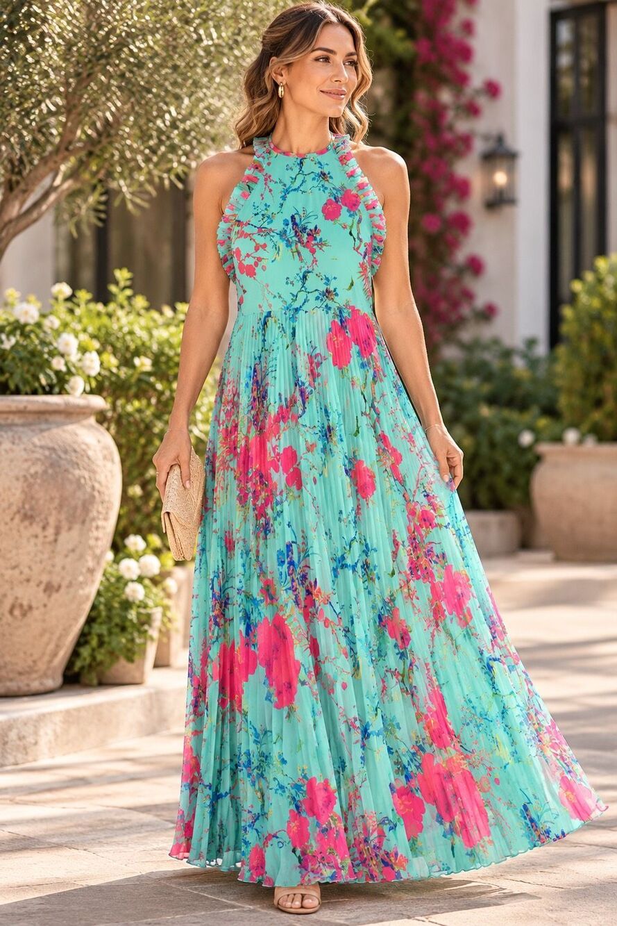 ASOS Floral Bird Pleated Maxi Dress Ruffle Open Back US 10